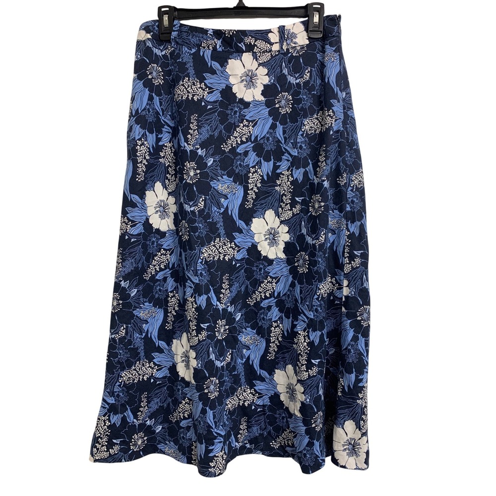 Evan-Picone Blue Floral Coastal Linen Blend Midi Skirt  8 Botanical Print A-Line